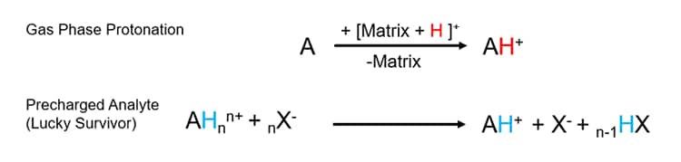 Scheme 1. Protonation mode for gas phase protonation and precharged analyte modes. Where ‘A’ is the analyte of interest, ‘H’ is a proton and ‘X’ is an anion.