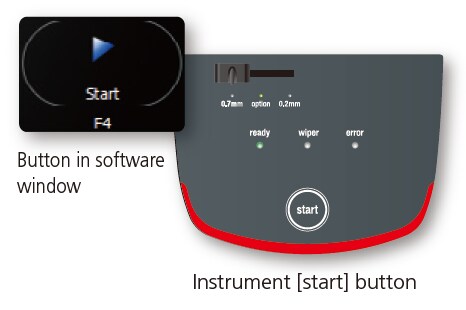 start button in software window, instrument start button