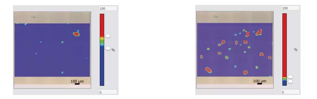 Left: Chemical image of microplastics (PE) on filter paper Right: Chemical image of microplastics (PP) on filter paper