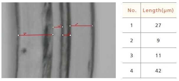 Photographs and length measurement results of the multilayer film cross sections (inside on the left side of the screen)