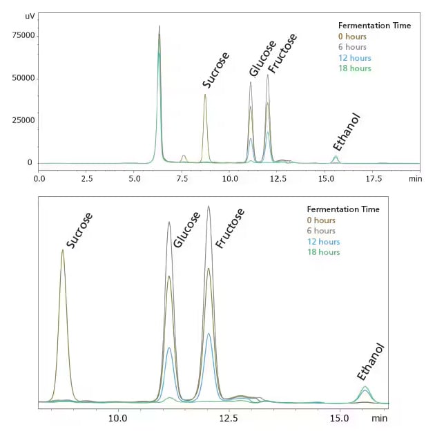 Chromatograms of Fermentation Culture Solution (Upper: Entire Chromatogram; Lower: Enlargement)